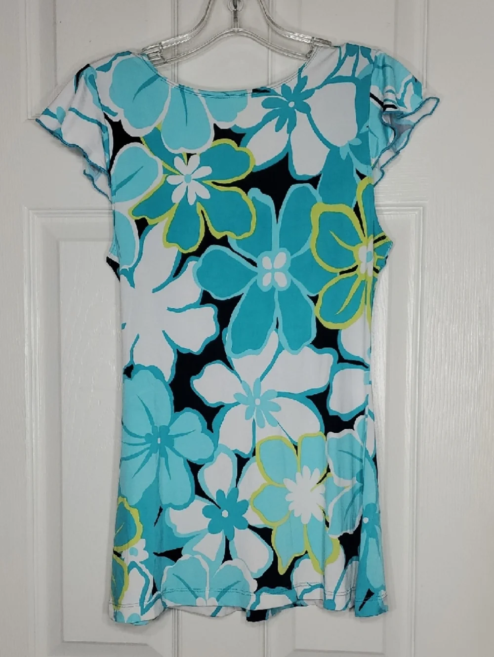 Floral Teal Blouse with Side Tie Flutter Short Sleeve Hawaiian